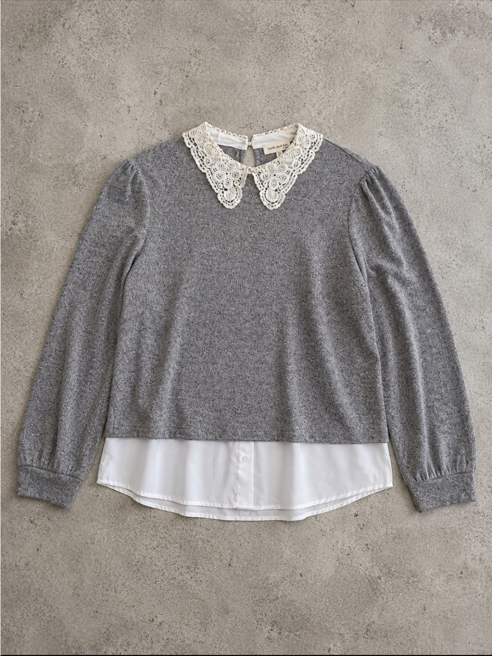 Faith and Joy Lace Collar Layered Knit Blouse Woman Medium Gray Coquette Twee